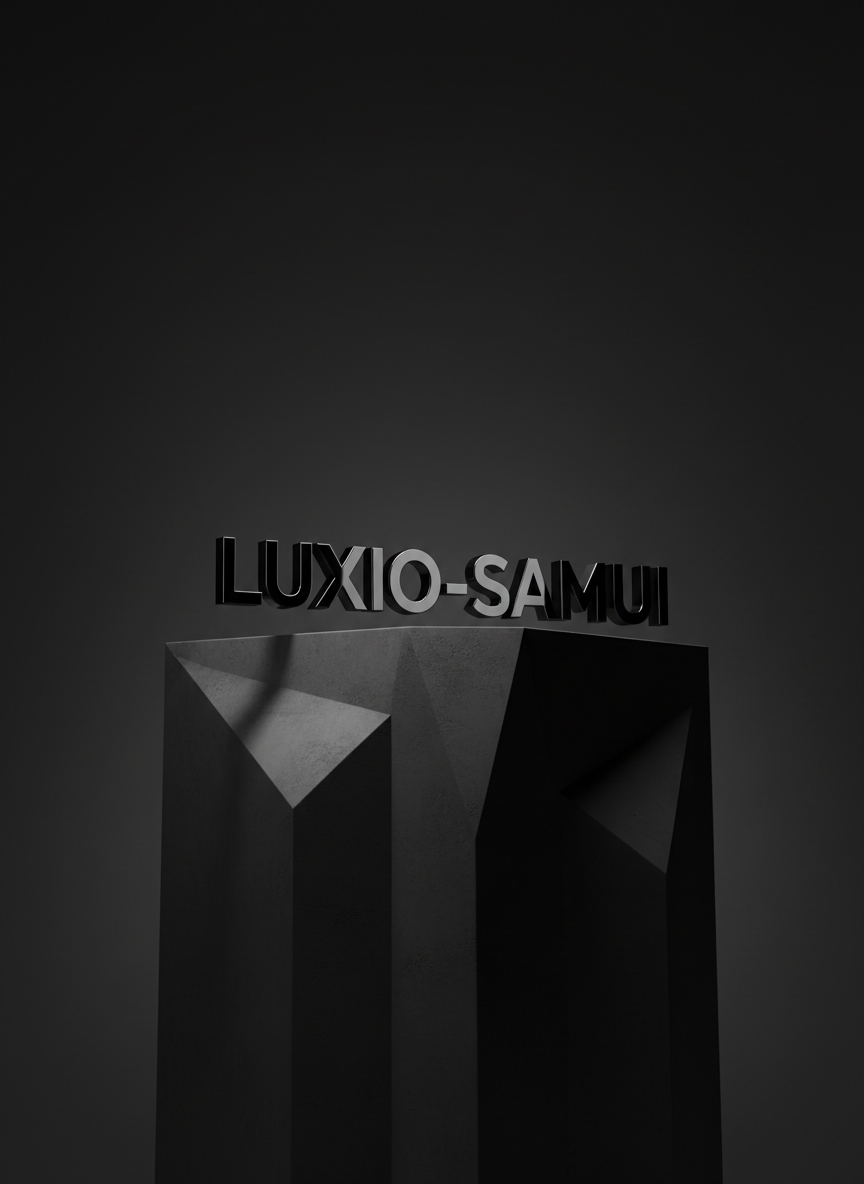 A sleek, high-gloss acrylic 3D LUXIO-SAMUI logo placed centrally on a matte black concrete pedestal with razor-sharp edges. The minimalist background fades into a soft shadowed gradient, intensifying the drama. A single strong directional studio light from the left carves sharp, defined shadows, highlighting every contour of the logo and pedestal. The mood is unapologetically bold and powerful, reflecting premium brand authority. Shot from a low angle with tack-sharp focus throughout, this composition uses negative space to amplify impact. The image embodies cinematic photographic realism and a clean, minimalist aesthetic, echoing the site’s dedication to high-end marketing prowess.
