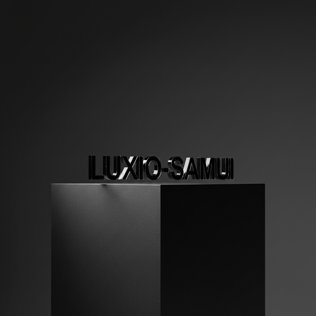 A sleek, high-gloss acrylic 3D LUXIO-SAMUI logo placed centrally on a matte black concrete pedestal with razor-sharp edges. The minimalist background fades into a soft shadowed gradient, intensifying the drama. A single strong directional studio light from the left carves sharp, defined shadows, highlighting every contour of the logo and pedestal. The mood is unapologetically bold and powerful, reflecting premium brand authority. Shot from a low angle with tack-sharp focus throughout, this composition uses negative space to amplify impact. The image embodies cinematic photographic realism and a clean, minimalist aesthetic, echoing the site’s dedication to high-end marketing prowess.