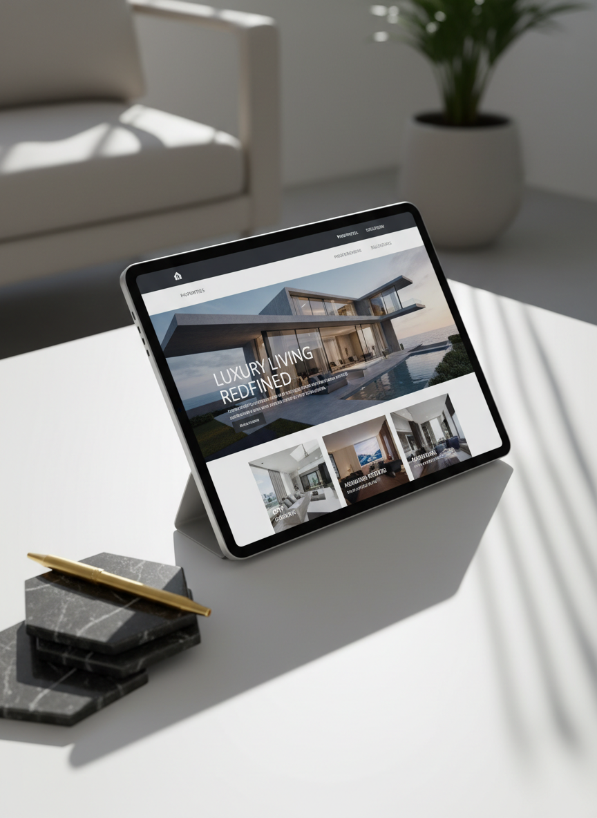 A high-end modern tablet with an ultra-thin brushed aluminum bezel displaying a vivid, visually stunning property website homepage. The device rests on a pristine white desk surface, positioned beside a carefully arranged set of black marble coasters and a single gold pen for an elegant touch. Crisp directional lighting from the right creates sharp, dramatic shadows across the desk and reflections on the tablet. The atmosphere is dynamic and innovative, exemplifying creative excellence for luxury brands. Captured at a three-quarters angle with shallow depth of field to subtly blur the minimalist background, the image's photographic realism and bold style reinforce the site’s expertise in web and digital solutions.