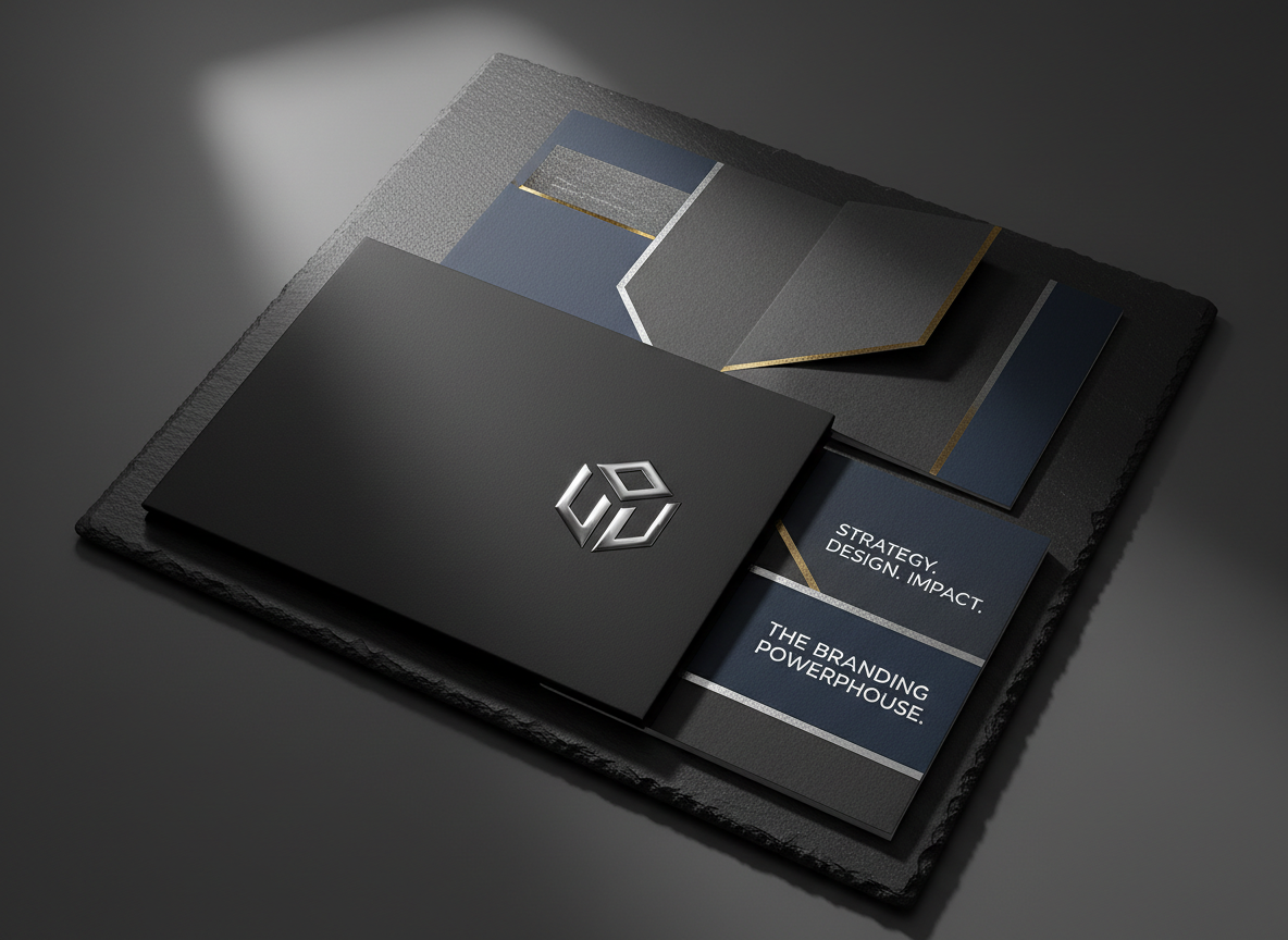 An immaculate matte black marketing folder embossed with a glossy silver geometric emblem, partially open to reveal luxurious tri-fold sales materials with metallic accents and bold typography. The folder is strategically placed on a charcoal slate tabletop with a strong side light casting crisp, angular shadows and accentuating the folder’s textures and reflections. No clutter in the backdrop—just a deep, seamless grey tone heightening the sense of exclusivity. Shot from directly above with tight framing, the composition focuses all attention on craftsmanship and detail. The image feels sophisticated, energetic, and distinctly professional, aligning with the agency’s role as a powerful branding partner.