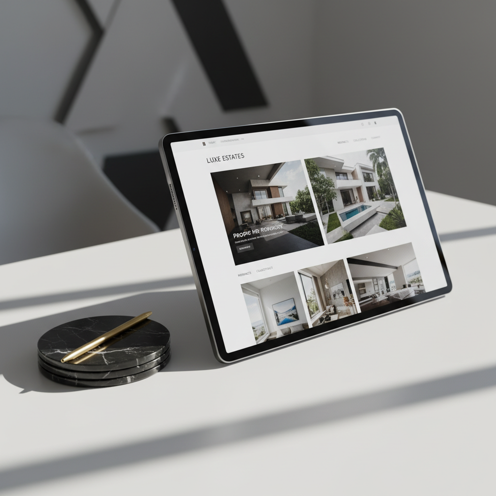 A high-end modern tablet with an ultra-thin brushed aluminum bezel displaying a vivid, visually stunning property website homepage. The device rests on a pristine white desk surface, positioned beside a carefully arranged set of black marble coasters and a single gold pen for an elegant touch. Crisp directional lighting from the right creates sharp, dramatic shadows across the desk and reflections on the tablet. The atmosphere is dynamic and innovative, exemplifying creative excellence for luxury brands. Captured at a three-quarters angle with shallow depth of field to subtly blur the minimalist background, the image's photographic realism and bold style reinforce the site’s expertise in web and digital solutions.