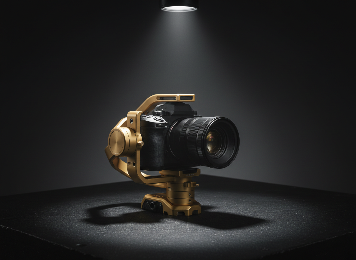A luxury gold-brushed camera gimbal and mirrorless camera perched on a matte black steel surface, set against an out-of-focus, gradient backdrop transitioning from jet black to charcoal. A single overhead spotlight brings out the soft metallic sheen and casts sharp, dramatic shadows, emphasizing the lines and high-end materials of the equipment. The camera is angled to showcase both lens and gimbal, hinting at cinematic storytelling. Photographed with a cinematic perspective and shallow depth of field, the atmosphere exudes technical mastery and bold, creative energy—echoing the agency's expertise in high-impact photography and video.